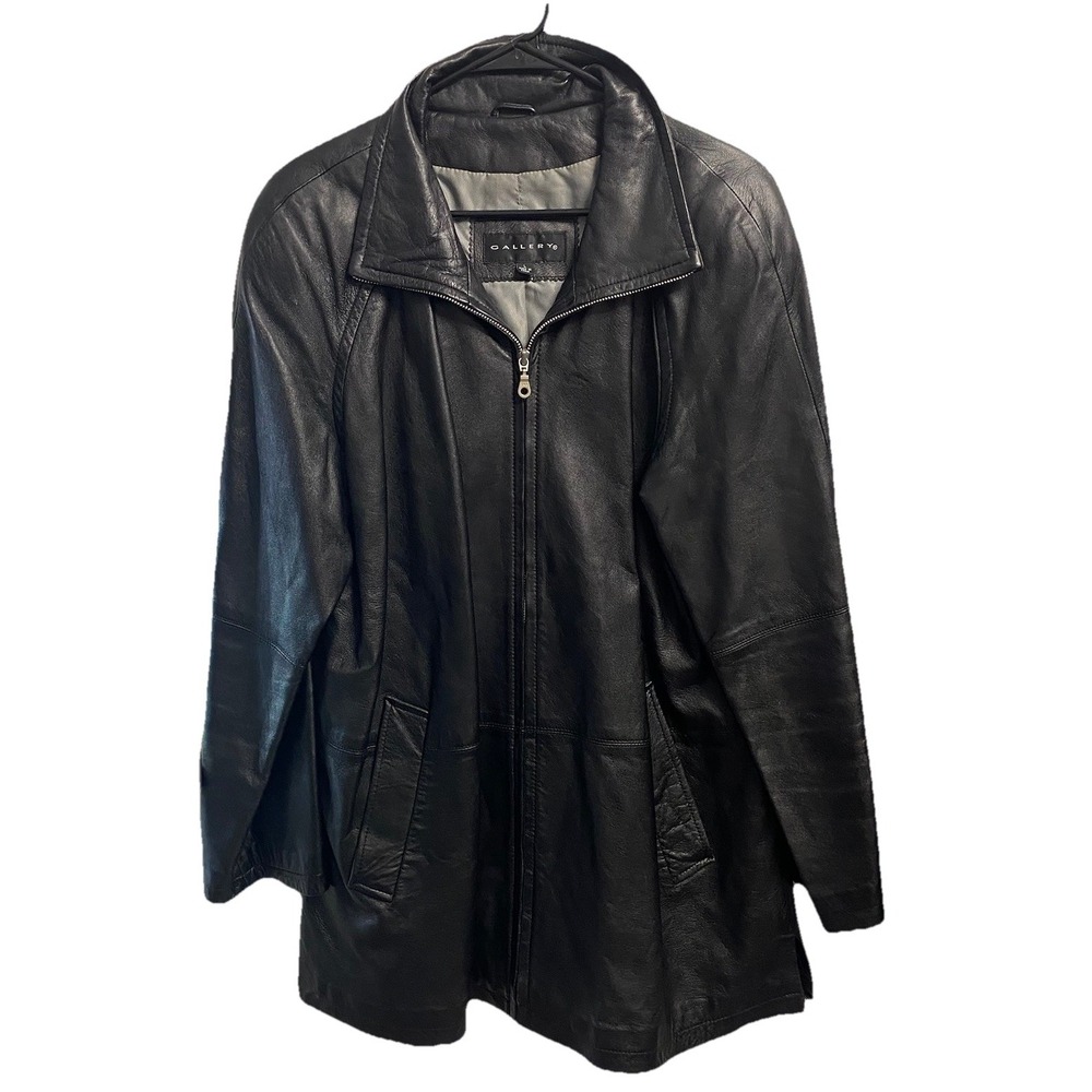 Gallery Women's Black Leather Full Zip Mid Length Jacket Coat Sz. L